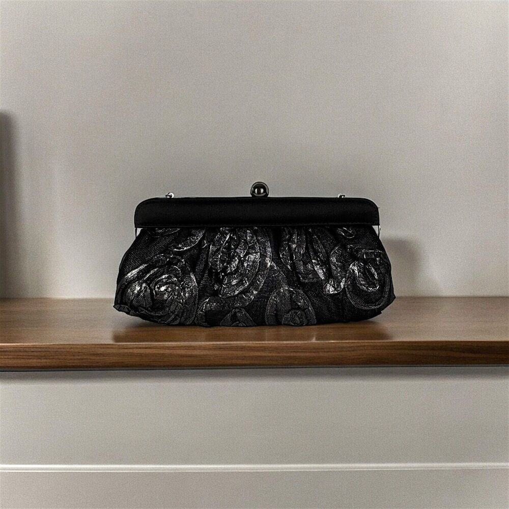 Super Cute Jessica McClintock Purse Black Clutch Evening Bag W/Chain
